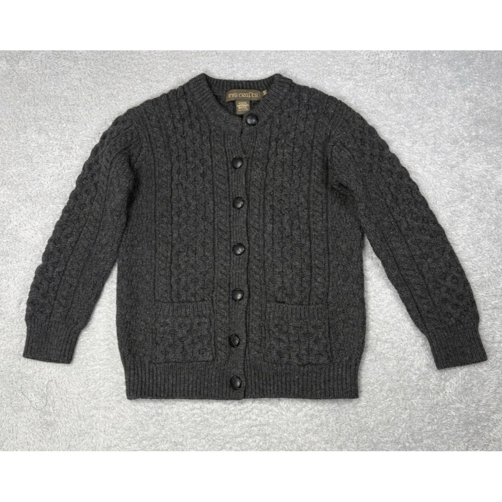 Inis Crafts Womens M 100% Merino Wool Aran Cable Knit Cardigan Ireland Gray